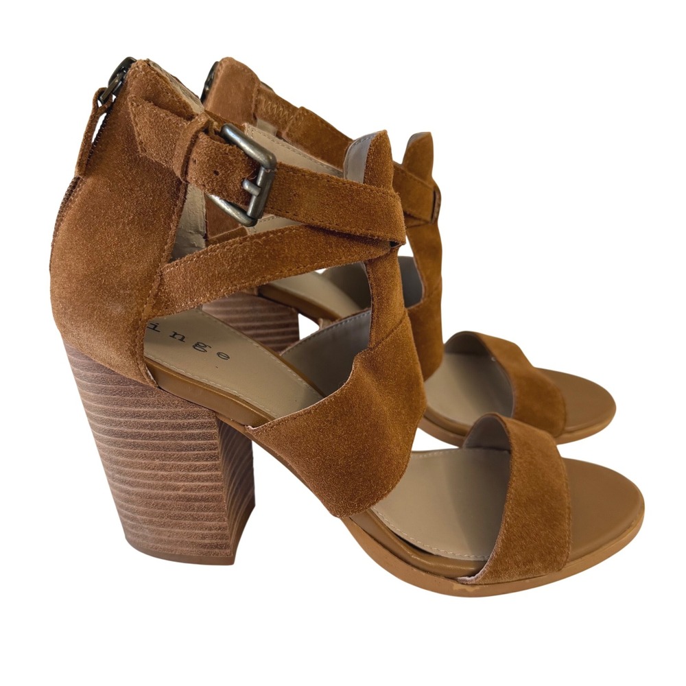 Hinge Womens Cognac Brown Suede Strappy Block Heel Sandals Back Zip Size 8.5M